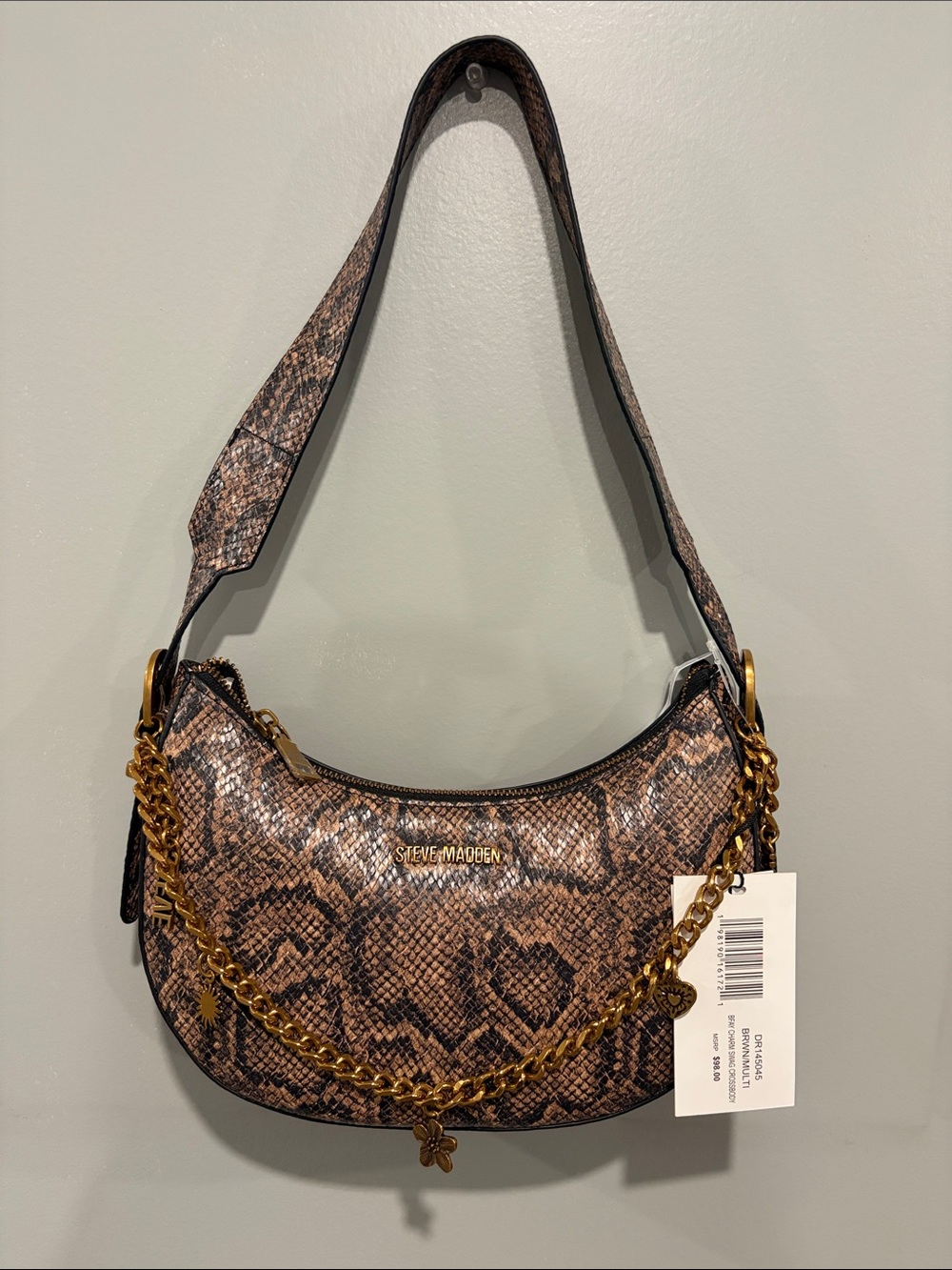 Steve Madden Snake-Print Shoulder Bag in Brown and Black with Gold Chain